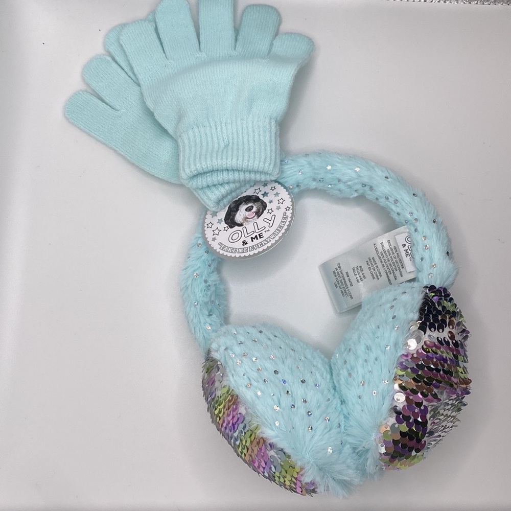 🔥BOGO Olly & Friends Girls Sequin Earmuffs & Gloves SZ 4-6X Aqua Soft And Warm…